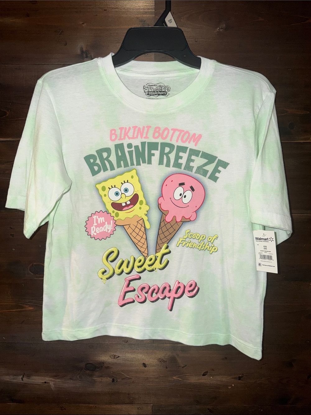 SpongeBob Squarepants White Tee with Pastel Green Tie-Dye & Pink Graphic